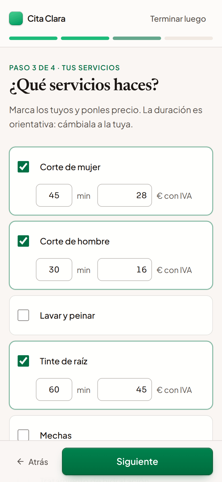 Asistente de puesta en marcha en el móvil: elegir los servicios y ponerles precio
