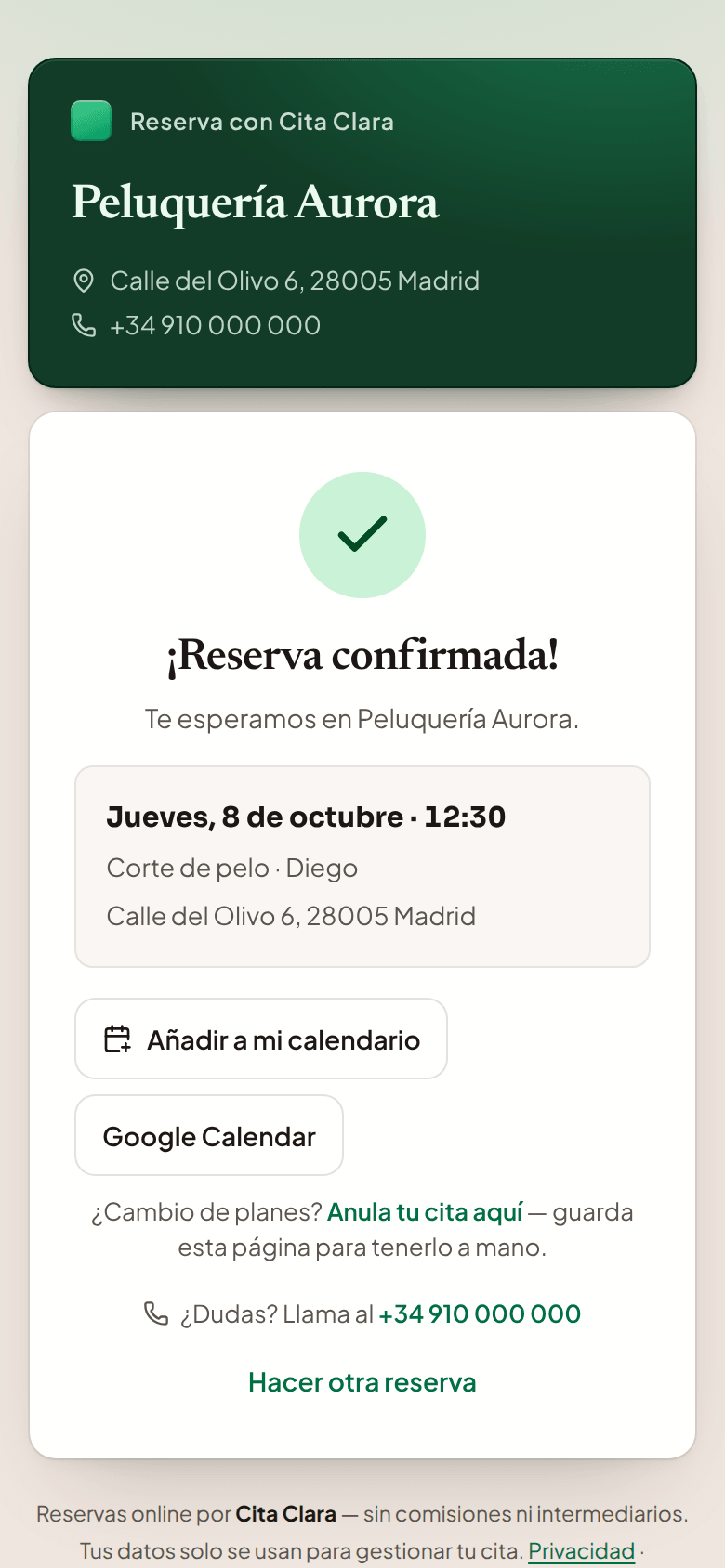 Pantalla de reserva confirmada en el móvil