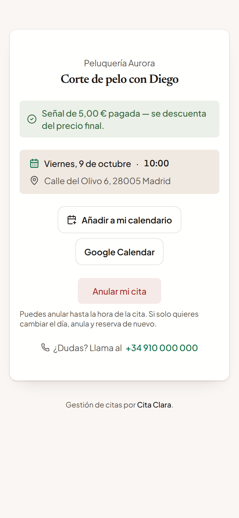 La página de su cita en el móvil del cliente, desde donde puede gestionarla