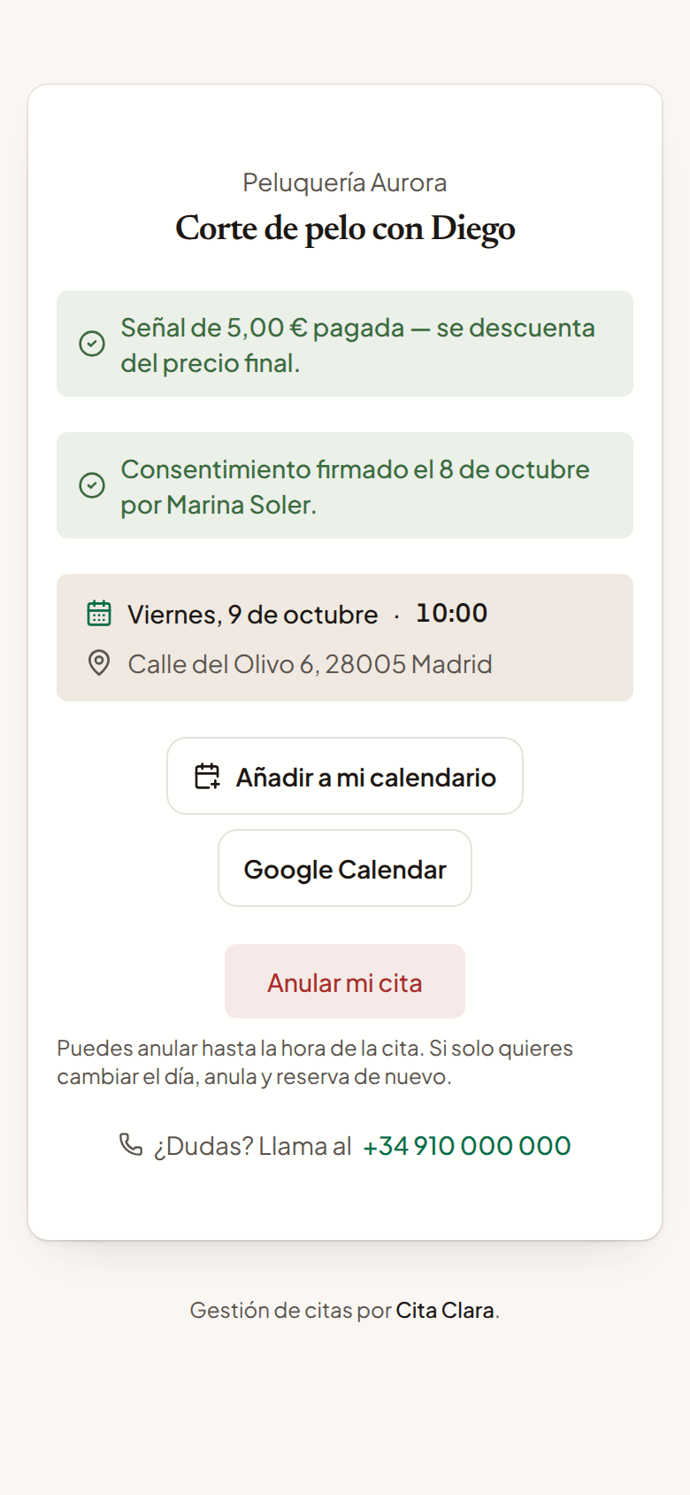 La cita en el móvil del cliente con el consentimiento ya firmado, con su nombre y la fecha