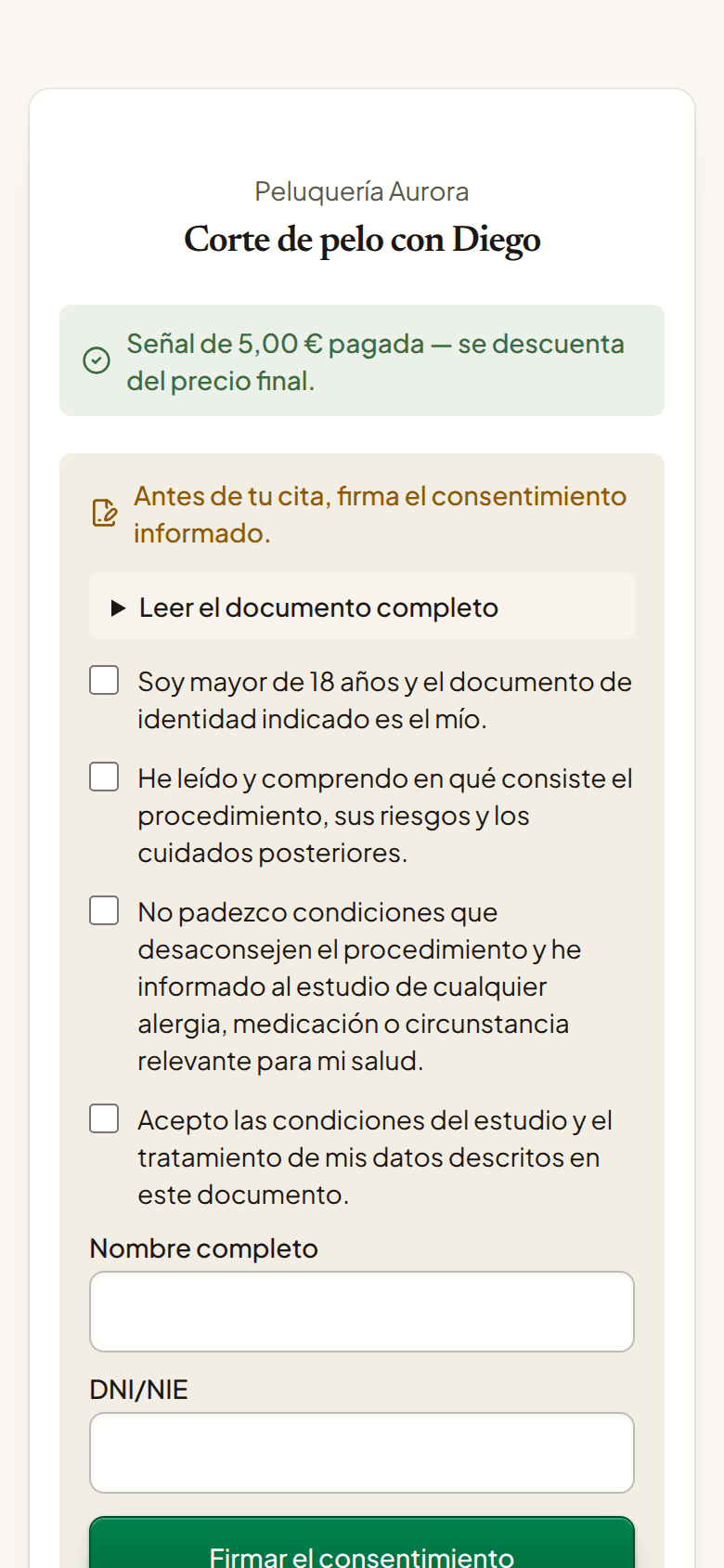 Consentimiento informado en el móvil del cliente, con sus declaraciones para marcar