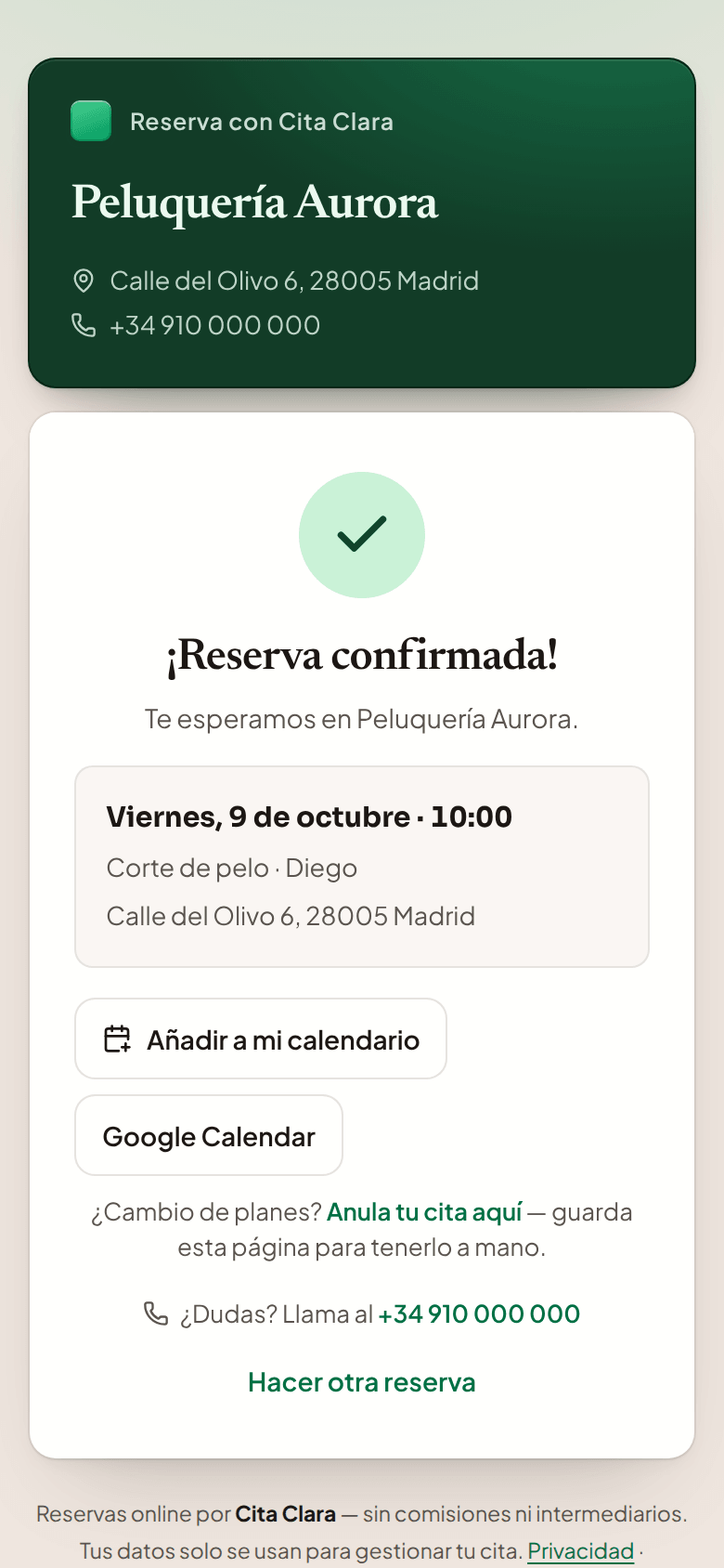 Pantalla de confirmación de reserva de Cita Clara en un móvil